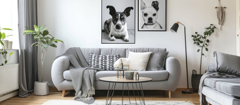 Dog posters in bright living room with grey couch and pillows, real photo with copy space on wall.