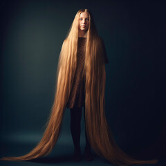Woman with very long blond hair flowing to the floor, portrait, close-up 