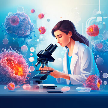 Scientist, doctor, woman in a white coat examines microorganism under a microscope. Portrait, images of viruses and bacteria around 
