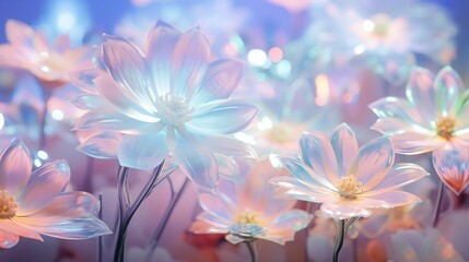 Bright colorful flowers illuminated by iridescent light, background with beautifully shining flowers