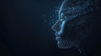 The side profile of a digital human head made of circuitry, against a dark background with binary code, representing AI and machine learning