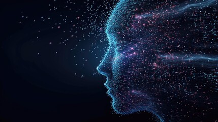 The side profile of a digital human head made of circuitry, against a dark background with binary code, representing AI and machine learning - obrazy, fototapety, plakaty