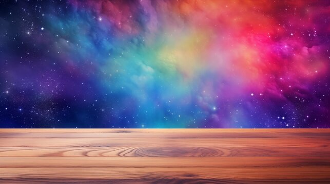 An empty wooden table against the background of space and a cosmic nebula with shining stars. Product demonstration template, mockup for design