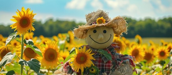 Happy scarecrow guards sunflower field in Georgia.