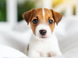 Cute Jack Russell terrier puppy on bed at home, closeup photography