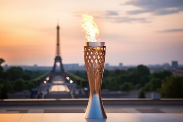 symbol of Olympic Sports games 2024 flame torch on Paris Eiffel tower background - obrazy, fototapety, plakaty