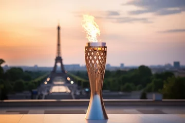 Poster Im Rahmen symbol of Olympic Sports games 2024 flame torch on Paris Eiffel tower background © klepach