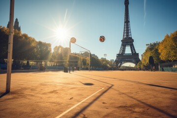 Athletics track in front of Eiffel Tower on olympic games 2024 stadium - obrazy, fototapety, plakaty