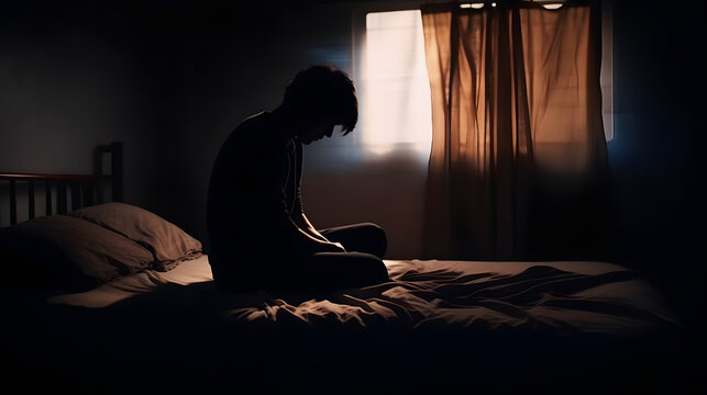 Silhouette Depressed Man Sadly Sitting On The Bed In The Bedroom. Sad Asian Man Suffering Depression Insomnia Awake And Sit Alone On The Bed In Bedroom. Depression Health People Concept.