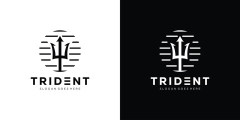 Creative trident Logo. Neptune Trident, Poseidon, Sea Wave, Ocean with Lineart Outline Style. Poseidon Logo Icon Symbol Vector Design Template. - obrazy, fototapety, plakaty