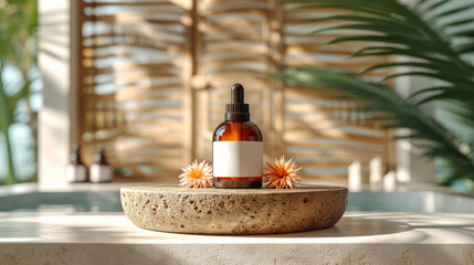 Brown bottle mockup for bathing products in bathroom, spa shampoo, shower gel, liquid soap on marble/stone podium.