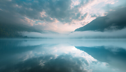 Mystical Morning on the Lake: Fog-Enshrouded Peaks Reflecting on Calm Waters at the Break of Dawn