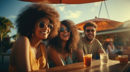 Best friends laughing with cocktails in beach cafe.