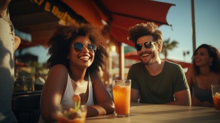 Best friends laughing with cocktails in beach cafe.