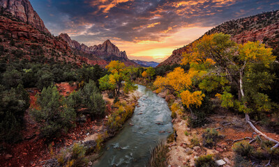 Stunning Fall Sunset on the Watchman in Zion Canyon, Zion National Park, Utah