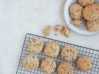 freshly baked homemade chocolate chip cookies on a cooling rack, served in a plate and a crumbed piece.