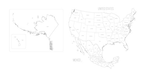 Fototapeta na wymiar Political map of United States and Mexico with administrative divisions. Thin black outline map with countries and states name labels. Vector illustration