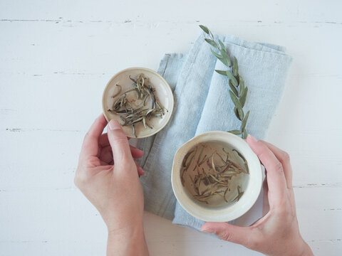 Hands delicately holding porcelain plate and cup with Chinese white tea called silver needle or Bai Hao Yinzhen. Dried leaves and hot tea on blue cloth on white wooden table.