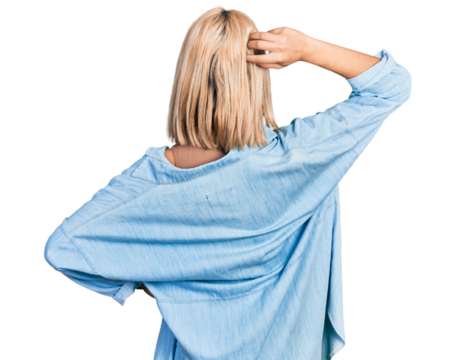 Beautiful young blonde woman wearing glasses backwards thinking about doubt with hand on head