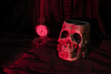 Philosophical still life with a skull and a clock