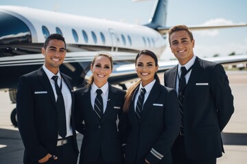 group of stewardess and pilot team in suit in airport near private jet plain