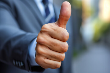 Close-up photo of a businessman's hand with thumb up.