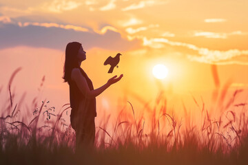 Woman praying and releasing a bird in nature during sunset, spirituality concept