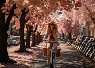 Young happy smiling blonde woman in hat and sunglasses rides bicycle among cherry blossoms, sakura...
