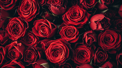 A velvety sea of crimson roses, each spiral a whisper of affection, creates a luxurious symbol of love and desire