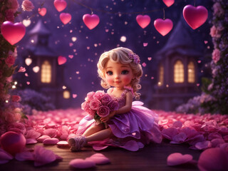 Fototapeta premium Valentines design. Little Girl Sitting on Ground Surrounded by Hearts