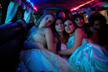 drunk school students during prom party in limousine  - obrazy, fototapety, plakaty