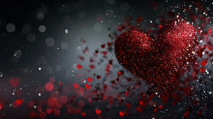 A heart aglow amidst a shower of crimson and silver sparkles, capturing the essence of love's dynamic and radiant spirit on Valentine's Day - obrazy, fototapety, plakaty