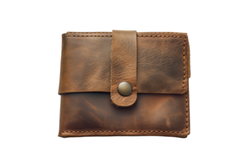 Big brown leather wallet on a button isolated on a transparent background. PNG file.