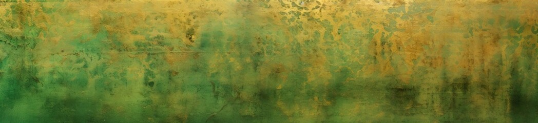 Green and gold long banner for spring, celebration, holidays. Ancient, vintage paint flowing and mixing into both color. Beautiful structured surface. Card, banner.