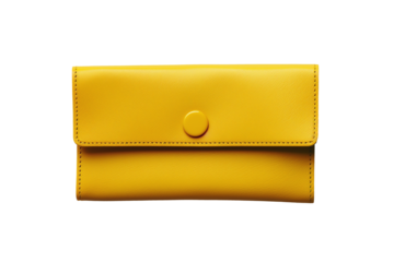 Yellow leather wallet on a button isolated on a transparent background. Top view. PNG file.