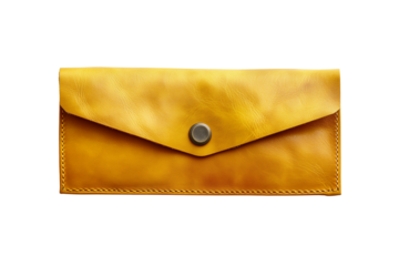 Big yellow leather wallet on a button isolated on a transparent background. Top view. PNG file.
