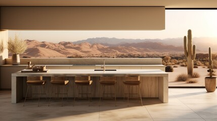 A minimalist desert oasis kitchen with sandy tones, cactus accents, and panoramic desert views