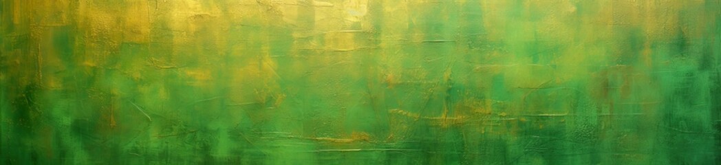 Green and gold long banner for spring, celebration, holidays. Ancient, vintage paint flowing and mixing into both color. Beautiful structured surface. Card, banner.