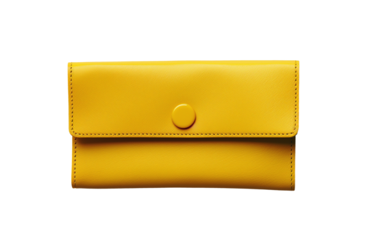 Yellow leather wallet on a button isolated on a transparent background. Top view. PNG file.