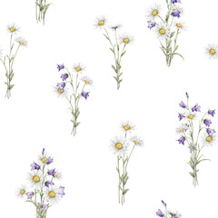 Fototapeta premium Seamless pattern Watercolor Daisy and bluebell. Hand drawn illustration of Chamomile and little violet bell. bouquet of white blossom flowers on isolated background. Drawing botanical paint wildflower