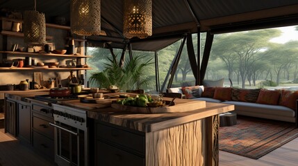 A modern African safari tent kitchen with tribal prints, safari-inspired decor, and views of the savannah