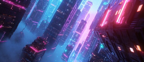 Futuristic city with neon lights in retrowave and cyberpunk style, illustrated.