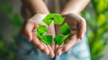 Close-Up Capture of Hands Holding a Vibrant Green Recycling Symbol, A Powerful Image Promoting Environmental Awareness and Waste Reduction