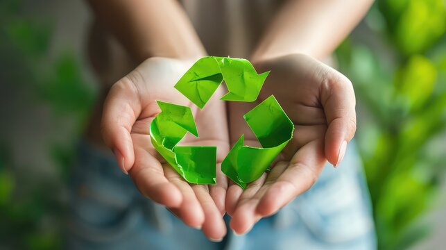 Close-Up Capture of Hands Holding a Vibrant Green Recycling Symbol, A Powerful Image Promoting Environmental Awareness and Waste Reduction