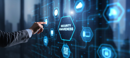 Virtual display button: Security Awareness Business, Technology, Internet and network concept
