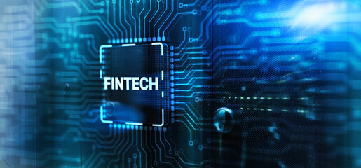 Fintech financial technology concept on 3d Electronic Circuit Board Chip - obrazy, fototapety, plakaty