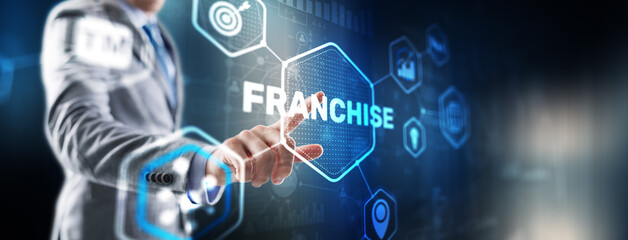 Businessman presenting Franchise. Mixed Media Background