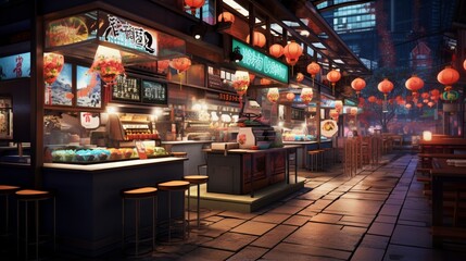 A modern Asian street food market kitchen with bustling stalls, vibrant colors, and an eclectic mix of flavors