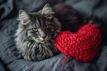 Naklejka na ściany i meble Valentine's Day cat with red knitted heart and postcard.
