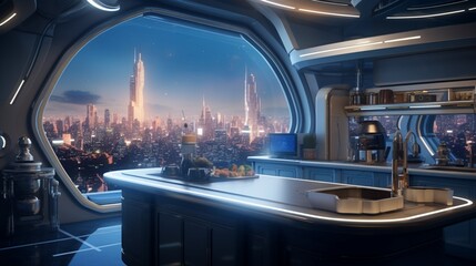 A modern celestial city kitchen with skyscraper-inspired decor, starlit cityscape views, and futuristic lighting
